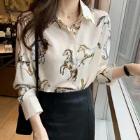 Women&#039;s Blouses & Shirts Vintage Horse Printed Blouse Spring Autumn Single Breasted Long Sleeve Animal Print Shirt Lady Casual