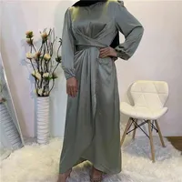 Eid Mubarek Satin Abaya Dubai Fake Dos Pieces Vestido largo Omán Musulmán Qatar Turquía Robe Kafta Arab Islam Ropa 210517