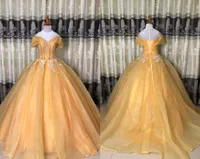 Gorgeous Gold Princess Designer Quinceanera Dresses V Neck Crystal Ball Suknia Cap Krótkie Rękawy Off Ramię Vestido De Sweet 15 Prom Eveening Dress