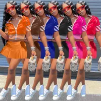Summer Baseball Uniform Women Two Piece Dress Suits Jacket Mini Pleated Skirt Crop Tops Short Sleeve And Skirt 2 Pcs Set