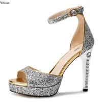 Sandálias de olomm mulheres glitter sexy thin alto salto alto 12 cm de toe de pé de ouro de pé de prata nos sapatos mais tamanho 5-10.5