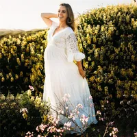 Maternity Dresses Lace Poggraphy För Baby Shower Party Vit Lång Gravid Maxi Gown Söt Kvinnor Graviditet Poshoot Prop