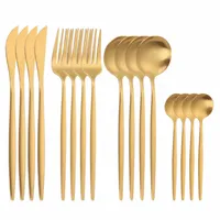 GOLD DRYWARE 16PC / SET MATTOR Middag Kniv Fork Spoon Western Bestick Set Stainless Steel Golden Cutlery Porslin Spoon Set X0703