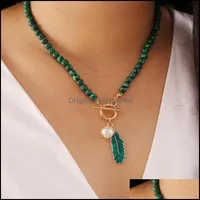 Pendant Necklaces & Pendants Jewelry Malachite Alloy Leaves Pearl Drop Oil Women Necklace Retro Fashion Green Color Stone Aessories Wholesal