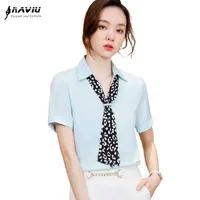 Naviu мода Scraf дизайн женские блузки с коротким рукавом шифоновая рубашка для офисной леди стиль формальный летний износ 210604
