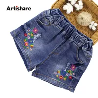 Artishare Jeans For Girls Flower Embroidery Short Jeans Girls Casual Jeans Teen Denim Clothes For Girls 6 8 10 12 13 14 Year 210528
