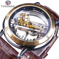 Lmjli -forsining doble lado transparente de cuero marrón a prueba de agua relojes para hombre de arriba Marca de lujo esqueleto creativo reloj de pulsera