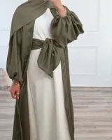 Ropa étnica Satin Kimono Abaya Dubai Dubai Abayas Para Mujer Moda Musulmán Hijab Vestido Globo Manga Islam Ropa Turquía Traje Cardigan Kaf