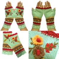 Fem fingrar handskar kvinna vinter varm blomma casual stickade fingerlösa handwarmers cashmere vants jacquard