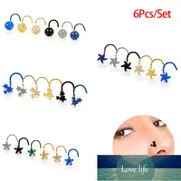 6Pcs Set Colorful Flower Maple Leaf Foot Spider Shape Surgical Steel Nose Studs Screw Ring Bone Bar Pin Piercing Jewelry