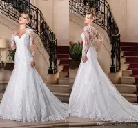 Elegante volle Spitze eine Linie Brautkleider Vestidos de Noiva v-ausschnitt Sheer Langärmeln Tüll Applique Hochzeit Brautkleider DWJ0303