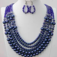 イヤリングネックレスファッション消去5 rows for women dark Blue Glass Crystal Abacus Round Shell Faux Pearl Beads Design Jewelry Set B983-7