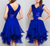 Royal Blue A-line Short Cocktail Party Dress 2022 V Neck Sleeveless Asymmetrical Chiffon with Tier Ruffles Homecoming Prom Gown robe de soiree