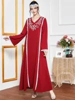 Günlük Elbiseler Müslüman Maxi Elbise Kadınlar Türkiye Dubai Kırmızı Etnik Çiçek Nakış Uzun Kollu V Boyun Loosearabic Giysileri Sonbahar 2021
