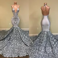 Real Image Mermaid Silver Avond Formele Jurken 2021 Halter Sparkly Lace Pailletten 3D Rose Floral Long Trein Backless Prom-jurken