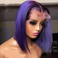 Lace Paryk AliPearl Hair Purple Remy Human Wig Transparent Straight Bob Short Haircut Front