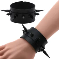 European and American Punk Non-mainstream Double-layer Leather Bracelet Tapered Pointed Rivet Leather Wide Wristband Bracelet Bangle Jewelry