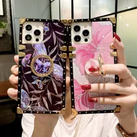 laser Black Butterfly Pink Flower Square Diamond Phone Cases For iPhone 13 12 mini 11 pro max 7 8 X Xr Xs Creative women Fashion With Ring kickstand Protective cover