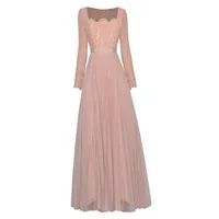 Casual Dresses Square Neckline Long Sleeves Pleated Ankle Length Pink/Yellow Lace Maxi Dress