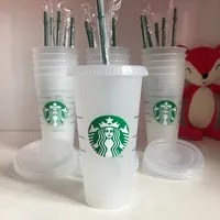 Starbucks 24 oz / 710 ml, Plastik Tumbler Kullanımlık Temizle Içme Düz Alt Kupası Ayağı Şekli Kapak Hasır Kupa Bardian, 5 adet Stok
