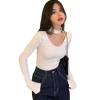 Dames T-shirt Spring herfstvrouw T-shirts Koreaanse solide kleur Hollow Out Tops Ladies Slim Sexy Long Sleeve T-shirt Mujer de Moda 2021