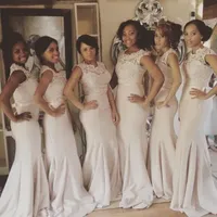 2021 예쁜 레이스 탑 시스 아프리카 신부 들러리 드레스 깎아 지른 목에 새틴 웨딩 게스트 드레스 플러스 사이즈 롱 하녀의 명예 드레스