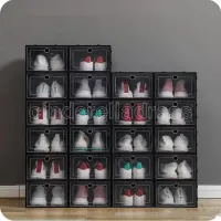 플라스틱 신발 상자를 두껍게합니다. 투명한 방진 신발 저장 상자 투명한 플립 캔디 컬러 쌓을 수있는 신발 주최자 상자