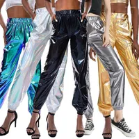 Meihuida Moda Smoothy Yansıtıcı Kadınlar Yüksek Bel Metalik Parlak Jogger Rahat Holografik Renk Streetwear Pantolon1