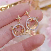 Earrings Charm Korean New Arrive Hollow Moon Star Women CZ High Quality 14K Real Gold Stud Earring Wedding Jewelry Pendant Accessories 220117