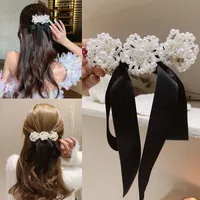 Pełne Perły Wstążka Bow Hair Clip Sweet Flower Hairpins Dla Kobiet Dziewczyna Dorosłych 2021 Moda Barrettes Akcesoria do włosów Nakrycia głowy