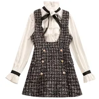 가을 겨울 2 조각 세트 바지 드레스 여자 우아한 러프 시폰 활 셔츠 + 더블 브레스트 격자 무늬 트위드 조끼