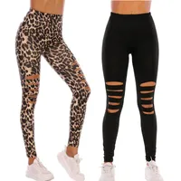 Women's Leggings High Waist Leopard Ripped Women Black Pencil Pants Ladies Skinny Hole Casual Streetwear Female Running