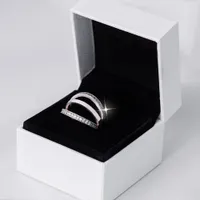 リアル925スターリングシルバーリング女性用CZダイヤモンドオリジナルボックスセットフィットパンドラスタイルの結婚指輪エンゲージメントジュエリー