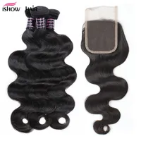 Peruvian Human Hair Weave 3Bundles With Lace Closure Human Hair Extensions Best 10A Brazilian Hair Bundles With Closure Body Wave Wholesale