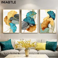 Blue Green Yellow Gold Leaf Plant Flower Canvas Poster Abstract Painting Wall Art Print Nordic Modern Pictures Living Room Decor X0726