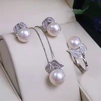 Kolczyki Naszyjnik Wisiorek Pierścień Dla Kobiet Naturalne Słodkowodne White Pearl Set 925 Sterling Silver Jewelry Sets Prezent