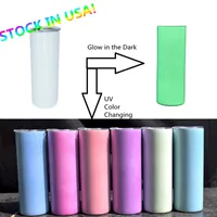 USA STOCKS! 20oz UV and Glow Tumbler Sublimation STRAIGHT Skinny Tumblers 2-Layer Vacuum Insulated Color Changing Water Bottle Light in tne Dark Car Mug DIY Coffee Cups
