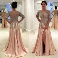 2021 Gorgeous Crystals Backless Dresses Evening Wear Deep V Neck Beaded Prom Lugnar Golvlängd En Linje Chiffon Split Side Formell Dress
