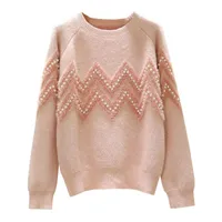 Mujeres Suéteres Oficina Alta Calidad Pearl Beading Pool Sweater Tops Pink Mohair Puentes Full Spring Casual Outerwear Mujeres