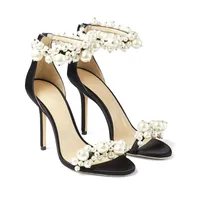 Высокое качество Miasel 100 мм STILETTO каблуки сандалии Sky-High Sace для женщин Летняя роскошь дизайнерская обувь бисером жемчужный атласный ремешок вечеринка заводская обувь