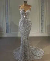Sparkly 2021 Sequined Silver Mermaid Prom Klänningar Aso Ebi Arabiska Juvel Neck African Beaded Evening Gowns Plus Storlek Reception Andra Klänning