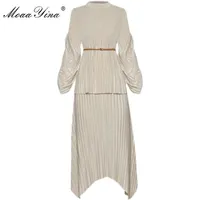 MOAYINA Moda Designer Designer Suit Spring Summer Women Latarnia Rękaw Rękaw Loose Lace-Up Topy + Asymetryczna spódnica Plisowany dwuczęściowy zestaw 210722