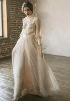 Günlük Elbiseler Vestidos De Noiva Tül Elbise Balo Parti için Uzun Kollu Şampanya Prenses Abiye giyim İki Adet Maxi Örgün 2021