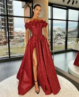 Glitter Burgundy Sequined A Line Evening Dresses Long Side Split Prom Party Gowns With Ruffles Bateau Neck Pageant Dress for Women Vestido
