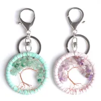 Drzewo Życia Klucz Pierścień Naturalny Kamień Chip Koralik Handmade Skórzany przewód Wrap Keychain Opal Crystal Kobiety Czechy Biżuteria