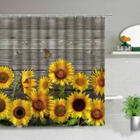 Flor de girasol madera planta planta paisaje baño cortina de ducha cactus mariposa abeja paisaje floral cortinas de baño con ganchos W220304