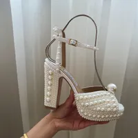 Hot White big Pearls Decorated Sandal Shoes for Wedding chunky heel Peep Toe Fahion Women Shoe Heels 11.5cm with platform 3cm Size 34-42