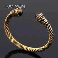Kaymen Vintage Statement Cuff Bangle Armband för män Kvinnor Unisex Smycken Inlagda Tiger-Eye Stone Viking Bangle Q0719