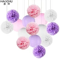 15pcs / set rond Lanternes de papier chinois Lanternes de papier de tissu Boules de fleurs pour fête d'anniversaire mariage bébé décoration rose violet q0810
