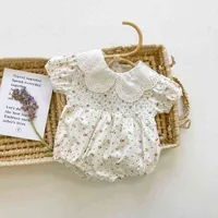 0-3T новорожденного ребенка детские девушки цветок печати одежда с коротким рукавом кружева ромпер милый сладкий комбинезон принцесса новорожденного тела костюм наряд G220218